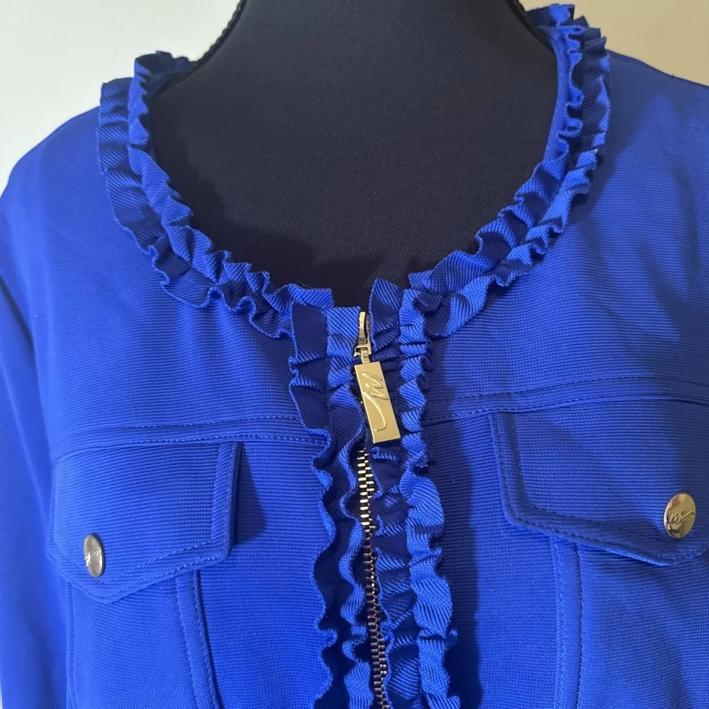 Midnight Velvet Brand Blue Ruffled Jacket Gold‎ Accents Pockets Women's Size 12